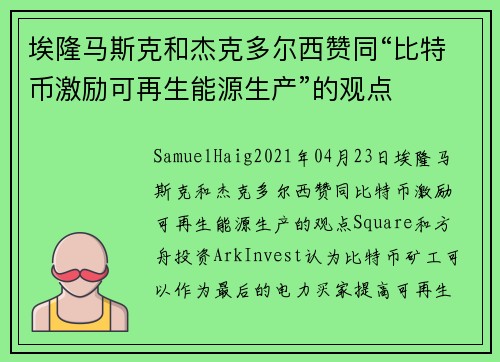 埃隆马斯克和杰克多尔西赞同“比特币激励可再生能源生产”的观点 